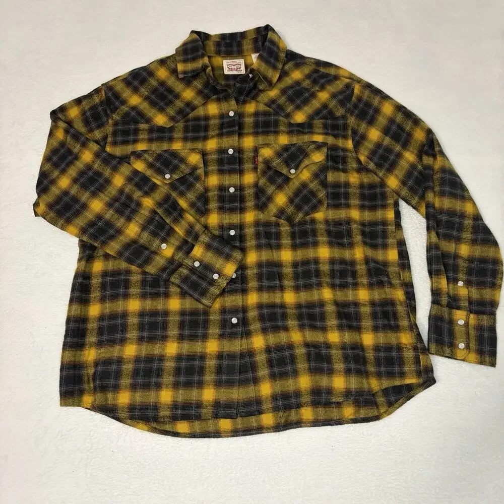 Levi's Relaxed Fit The Western Shirt Yellow Plaid Pearl Snap Flannel Medium